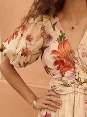 Ecru Cream Floral Puff Sleeve Button Down Occasion Maxi 100% Cotton Dress - Image 4 of 8