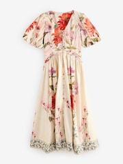 Ecru Cream Floral Puff Sleeve Button Down Occasion Maxi 100% Cotton Dress - Image 5 of 8