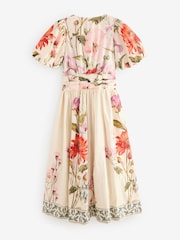 Ecru Cream Floral Puff Sleeve Button Down Occasion Maxi 100% Cotton Dress - Image 6 of 8