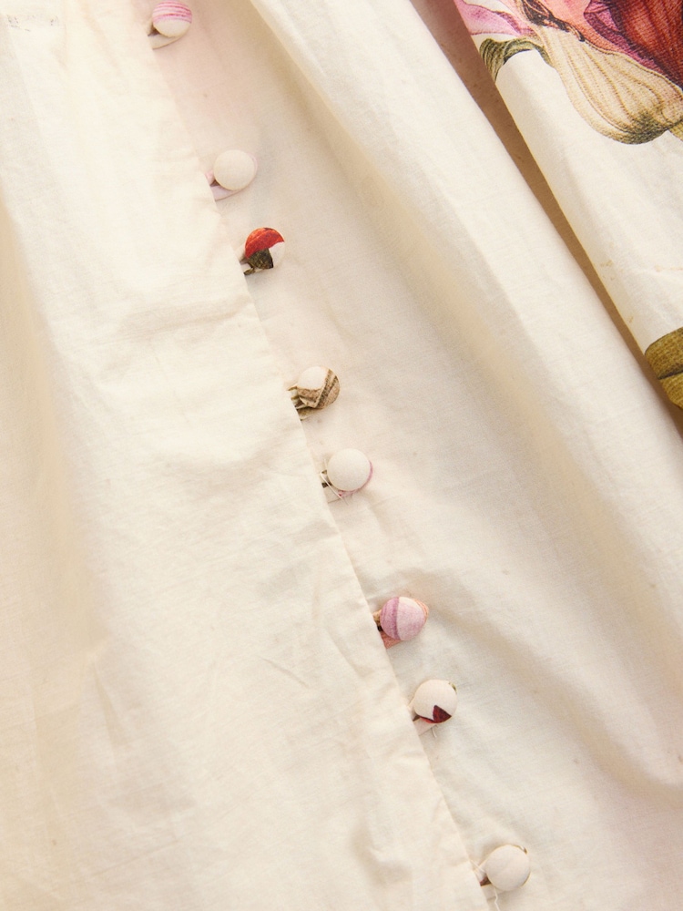 Ecru Cream Floral Puff Sleeve Button Down Occasion Maxi 100% Cotton Dress - Image 8 of 8
