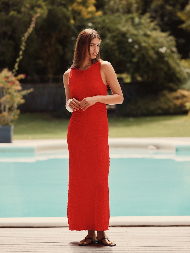 Bright Orange Sleeveless Textured Ruched Maxi Dress - Image 1 of 8