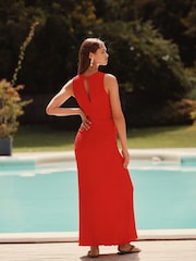 Bright Orange Sleeveless Textured Ruched Maxi Dress - Image 2 of 8