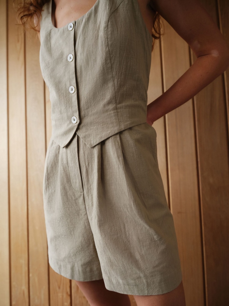 Khaki Green 100% Cotton Sleeveless Waistcoat Style Playsuit - Image 4 of 4