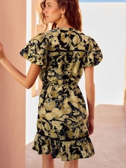 Brown Floral Button Through Lace Insert Mini Dress With Linen - Image 3 of 8