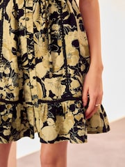 Brown Floral Button Through Lace Insert Mini Dress With Linen - Image 5 of 8