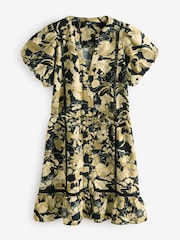 Brown Floral Button Through Lace Insert Mini Dress With Linen - Image 6 of 8