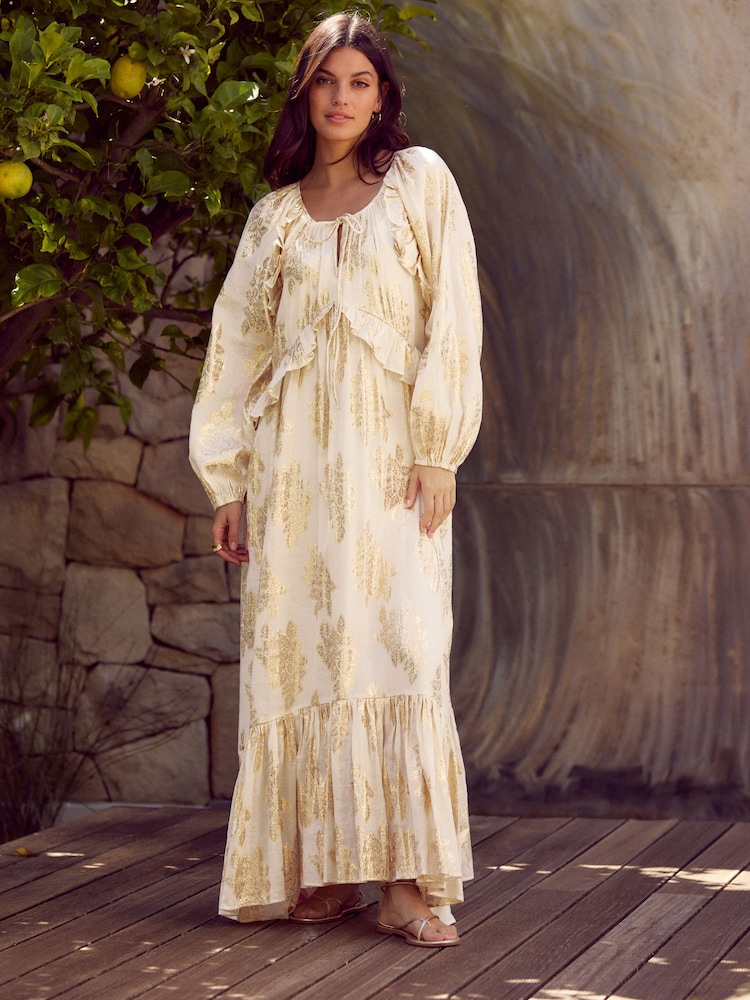 Gold N. Premium Long Sleeve Ruffle Tie Front Maxi Dress - Image 1 of 10