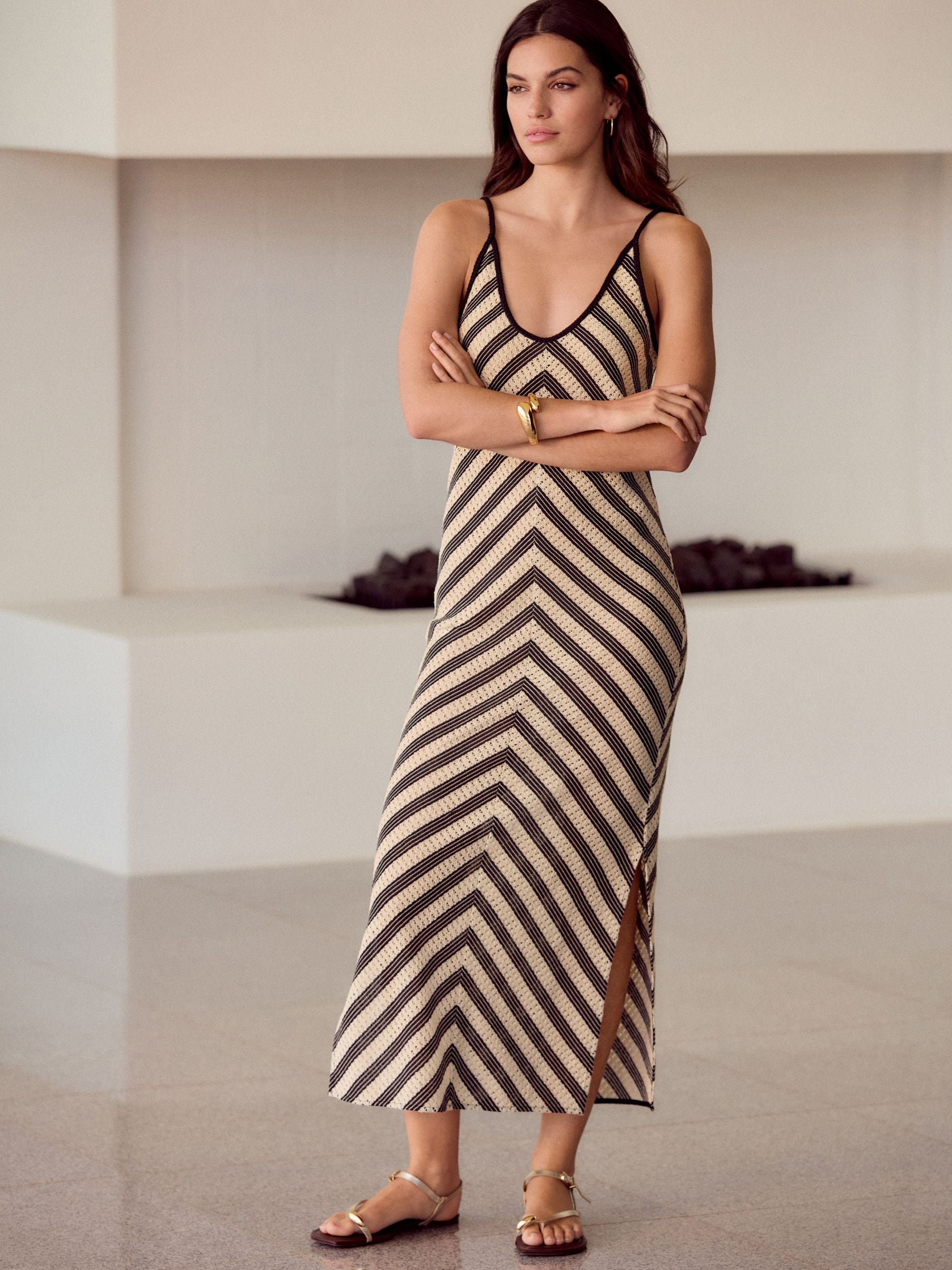 Black/White Stripe Crochet Strappy Midi Dress