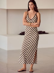 Black/White Stripe Crochet Strappy Midi Dress - Image 1 of 4