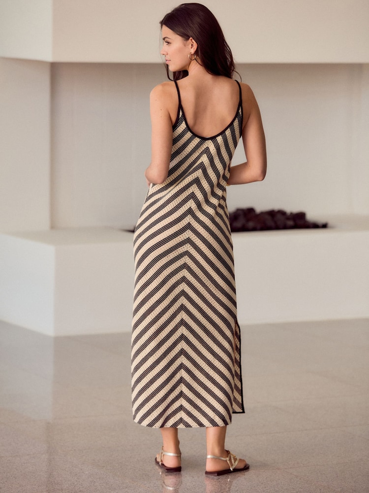 Black/White Stripe Crochet Strappy Midi Dress - Image 2 of 4