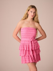 Bright Pink Bandeau Ruffle Textured Tie Waist Mini Dress - Image 1 of 6