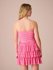 Bright Pink Bandeau Ruffle Textured Tie Waist Mini Dress - Image 2 of 6
