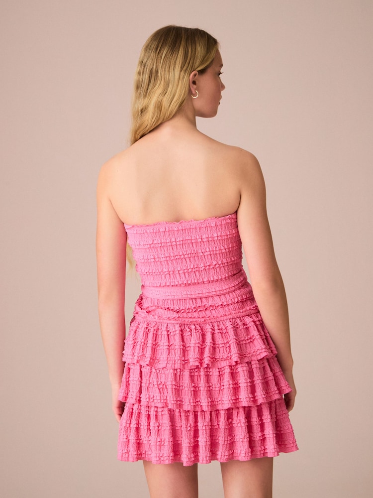 Bright Pink Bandeau Ruffle Textured Tie Waist Mini Dress - Image 2 of 6