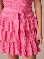 Bright Pink Bandeau Ruffle Textured Tie Waist Mini Dress - Image 3 of 6