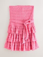 Bright Pink Bandeau Ruffle Textured Tie Waist Mini Dress - Image 4 of 6