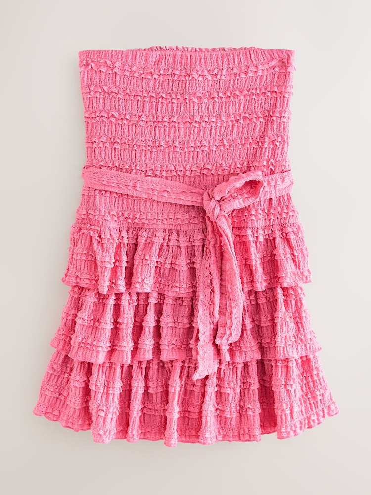 Bright Pink Bandeau Ruffle Textured Tie Waist Mini Dress - Image 4 of 6