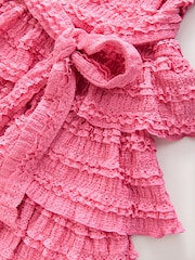 Bright Pink Bandeau Ruffle Textured Tie Waist Mini Dress - Image 5 of 6
