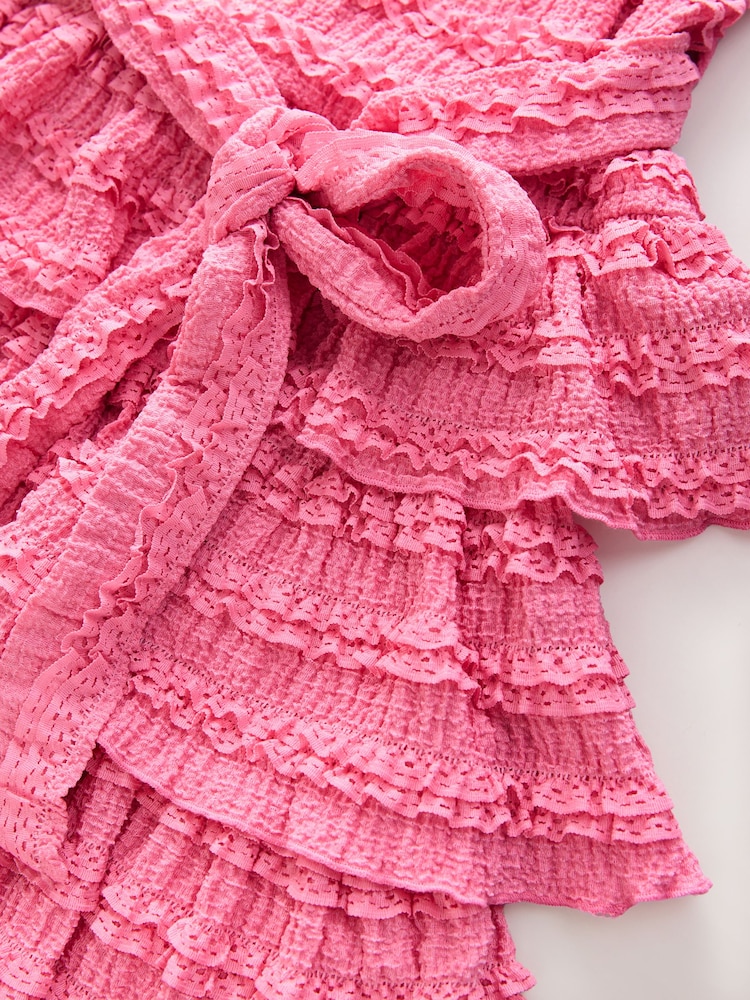 Bright Pink Bandeau Ruffle Textured Tie Waist Mini Dress - Image 5 of 6