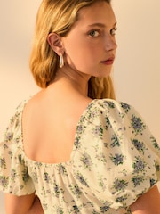 Cream/Ecru Ditsy Floral 100% Cotton Puff Sleeve Milkmaid Mini Dress - Image 3 of 8