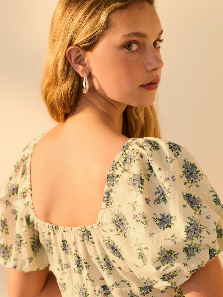 Kremowy/ecru z drobnym motywem kwiatowym - 100% Cotton Puff Sleeve Milkmaid Mini Dress - Image 3 of 8