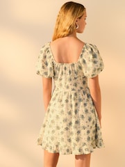 Cream/Ecru Ditsy Floral 100% Cotton Puff Sleeve Milkmaid Mini Dress - Image 4 of 8