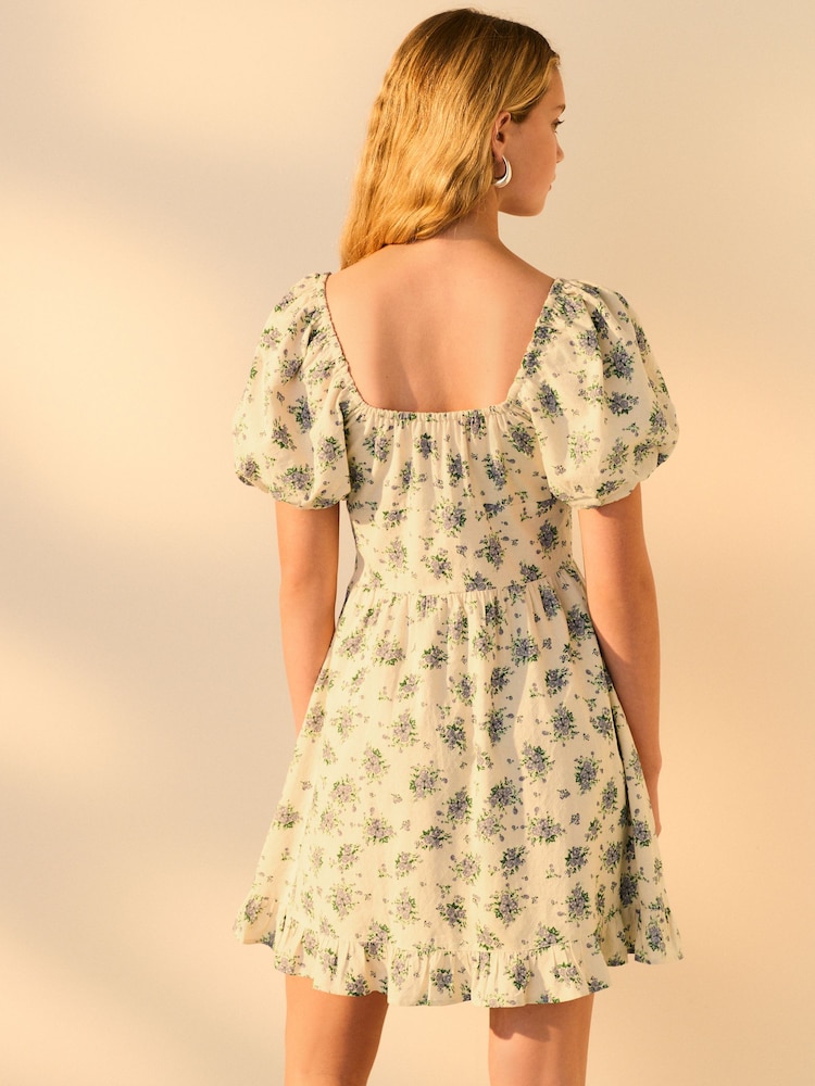 Kremowy/ecru z drobnym motywem kwiatowym - 100% Cotton Puff Sleeve Milkmaid Mini Dress - Image 4 of 8