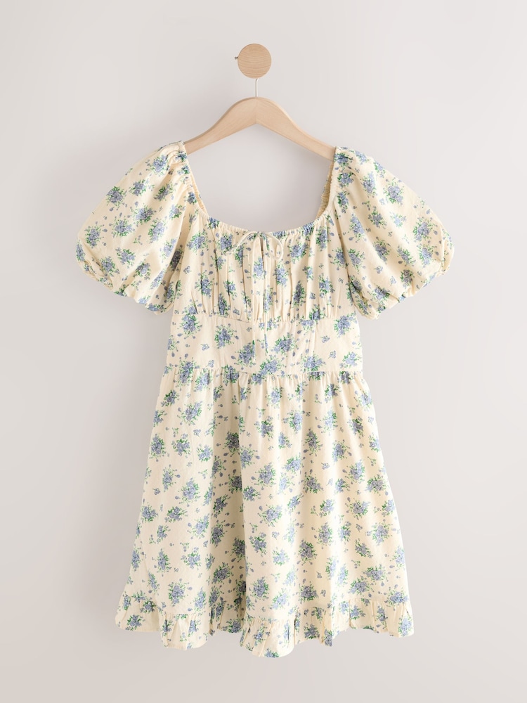 Kremowy/ecru z drobnym motywem kwiatowym - 100% Cotton Puff Sleeve Milkmaid Mini Dress - Image 6 of 8