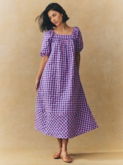 Blue/Pink Gingham Puff Sleeve Square Neck Maxi Dress - Image 1 of 6