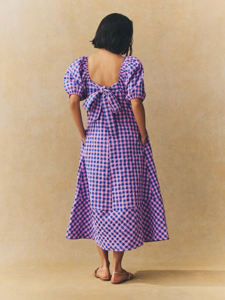 Blue/Pink Gingham Puff Sleeve Square Neck Maxi Dress - Image 2 of 6 Blue/Pink Gingham Puff Sleeve Square Neck Maxi Dress - Image 2 of 6