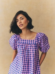 Blue/Pink Gingham Puff Sleeve Square Neck Maxi Dress - Image 4 of 6