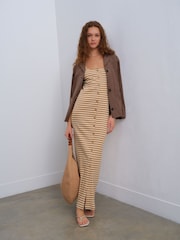Cream/Brown Stripe Square Neck Button Down Rib Column Midi Dress - Image 1 of 8