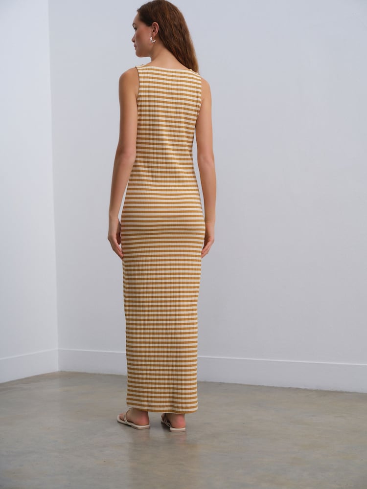 Cream/Brown Stripe Square Neck Button Down Rib Column Midi Dress - Image 2 of 8