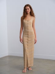 Cream/Brown Stripe Square Neck Button Down Rib Column Midi Dress - Image 3 of 8