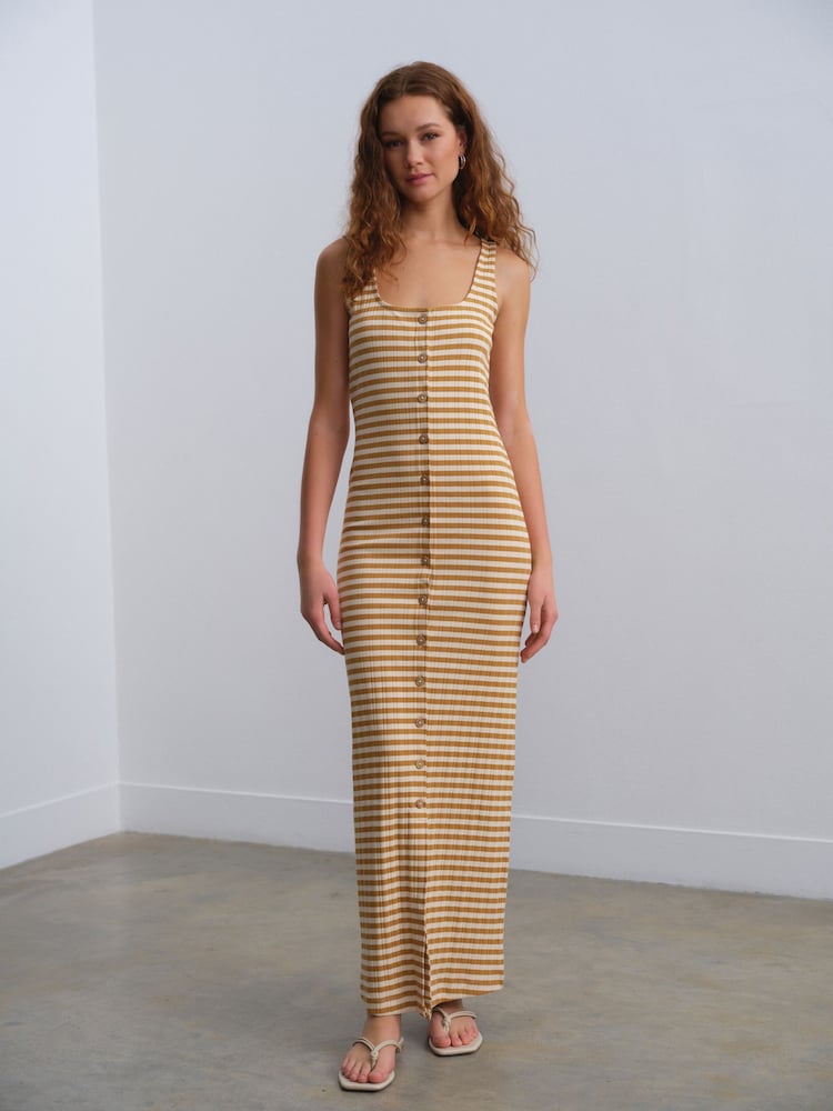 Cream/Brown Stripe Square Neck Button Down Rib Column Midi Dress - Image 3 of 8