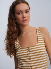 Cream/Brown Stripe Square Neck Button Down Rib Column Midi Dress - Image 5 of 8