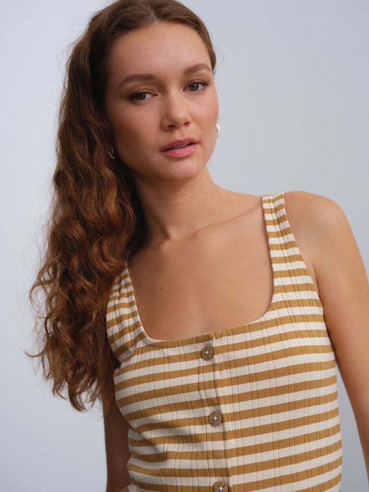 Cream/Brown Stripe Square Neck Button Down Rib Column Midi Dress - Image 5 of 8