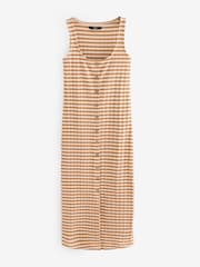 Cream/Brown Stripe Square Neck Button Down Rib Column Midi Dress - Image 6 of 8