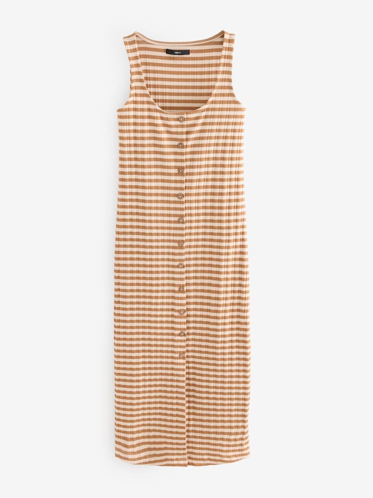 Cream/Brown Stripe Square Neck Button Down Rib Column Midi Dress - Image 6 of 8