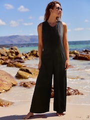 Black Linen Sleeveless Jumpsuit - Image 1 of 6
