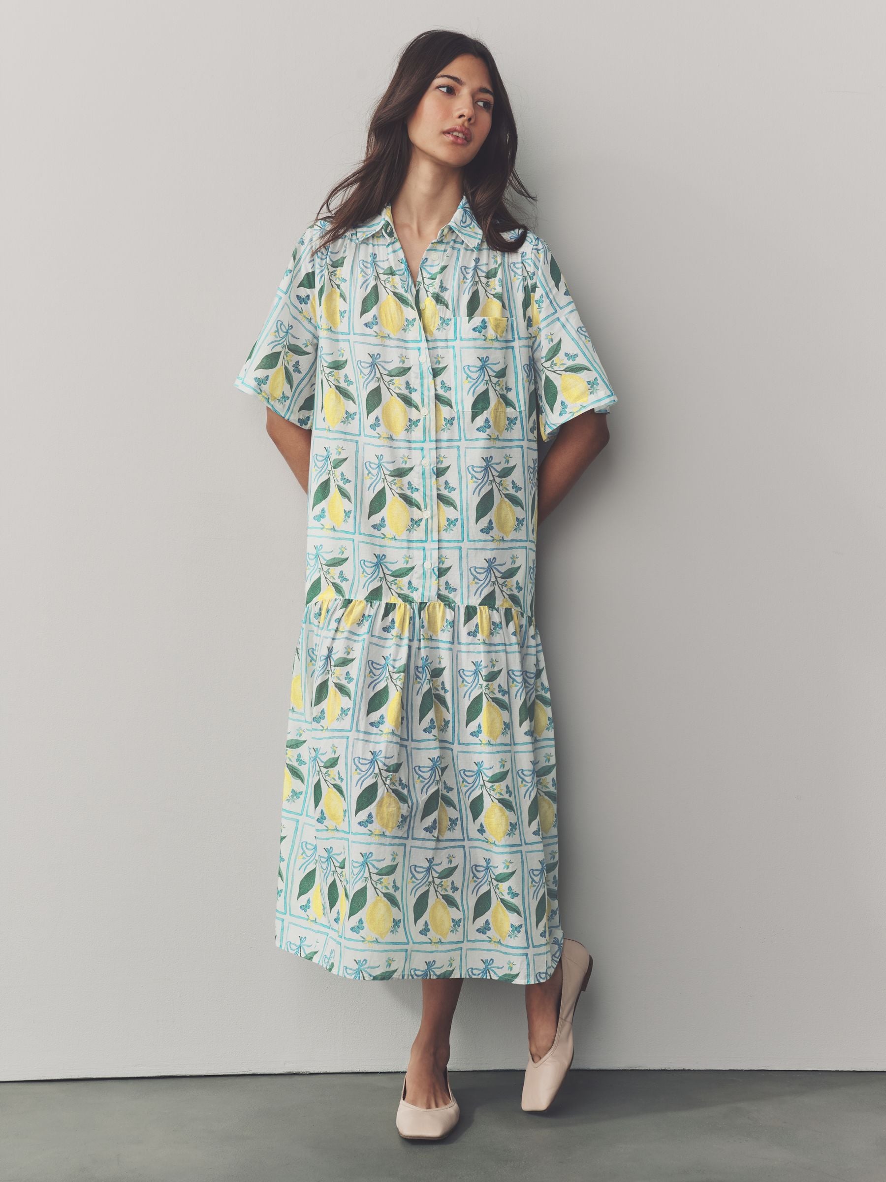 Buy White Lemon and Blue Check Print Short Sleeve Drop Waist