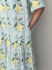 White Lemon and Blue Check Print Short Sleeve Drop Waist 100% Cotton Maxi Shirt Dress - Image 5 of 8
