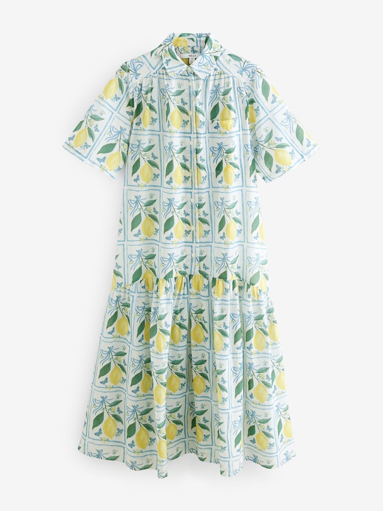 White Lemon and Blue Check Print Short Sleeve Drop Waist 100% Cotton Maxi Shirt Dress - Image 6 of 8