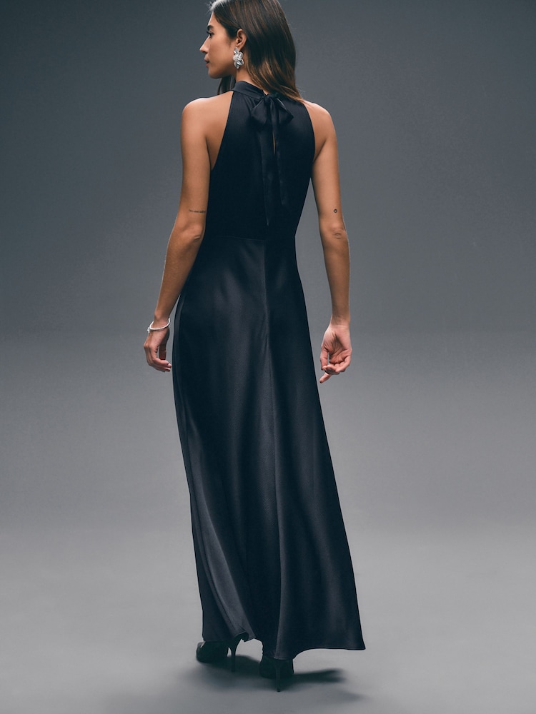 Buy Navy Blue Textured Satin Halter Sleeveless Midi Dress from Next USA