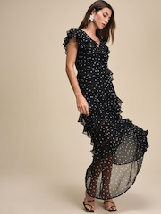Black/White Polka Dot Short Sleeve Mesh Ruffle Maxi Dress - Image 1 of 7