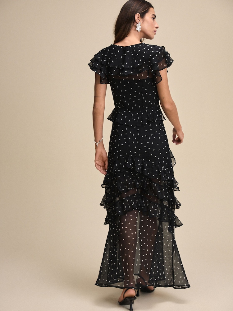 Black/White Polka Dot Short Sleeve Mesh Ruffle Maxi Dress - Image 2 of 7