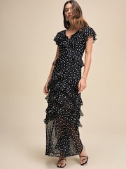 Black/White Polka Dot Short Sleeve Mesh Ruffle Maxi Dress - Image 3 of 7