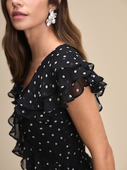 Black/White Polka Dot Short Sleeve Mesh Ruffle Maxi Dress - Image 4 of 7