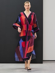 Red/Blue Abstract Print V-Neck Kaftan Maxi Dress - Image 1 of 8