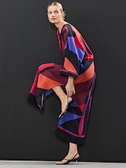 Red/Blue Abstract Print V-Neck Kaftan Maxi Dress - Image 2 of 8