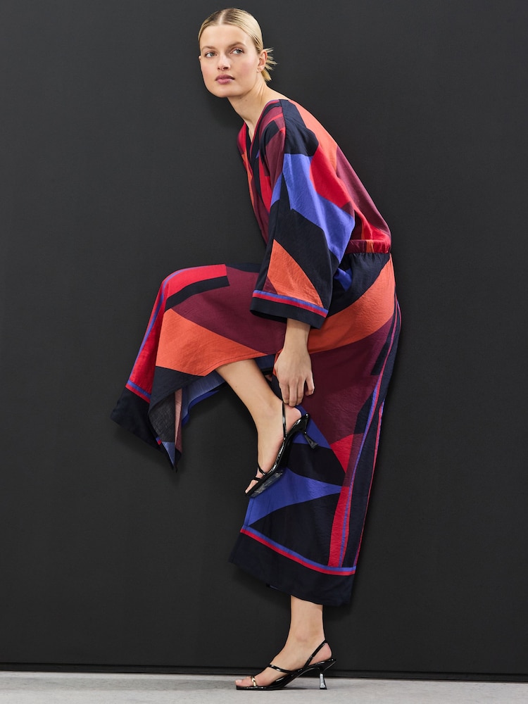 Red/Blue Abstract Print V-Neck Kaftan Maxi Dress - Image 2 of 8